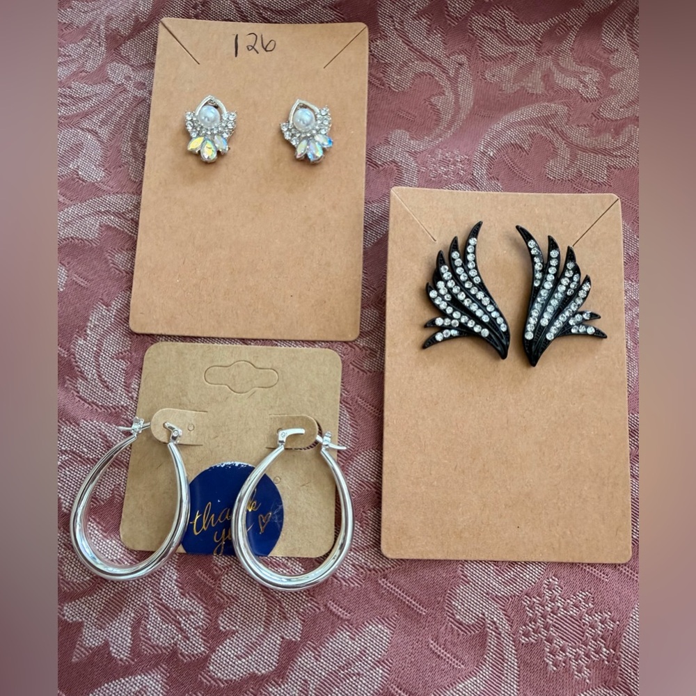 Sparkling Black Wing Studs + Silver Hoops & Crystal Stud Trio